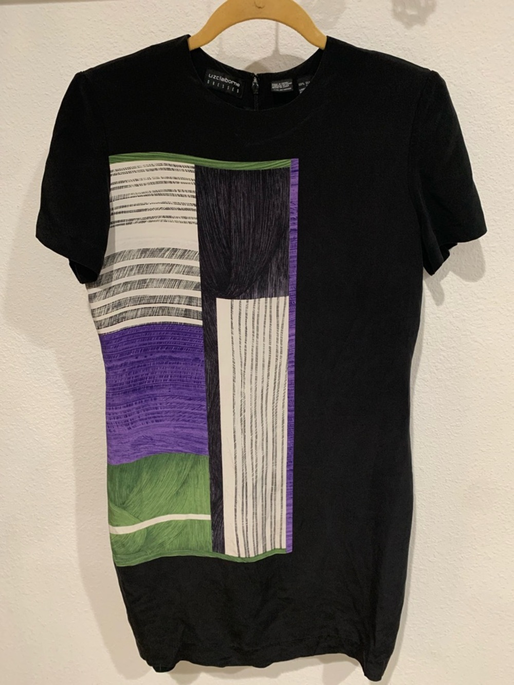 Liz Claiborne 100% Silk Black Geometric Print Short Sleeve Dress